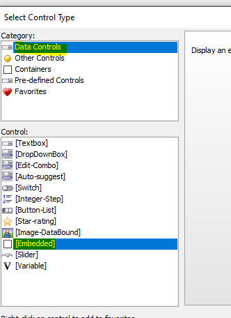Configuring an embedded control in a JSON Form.